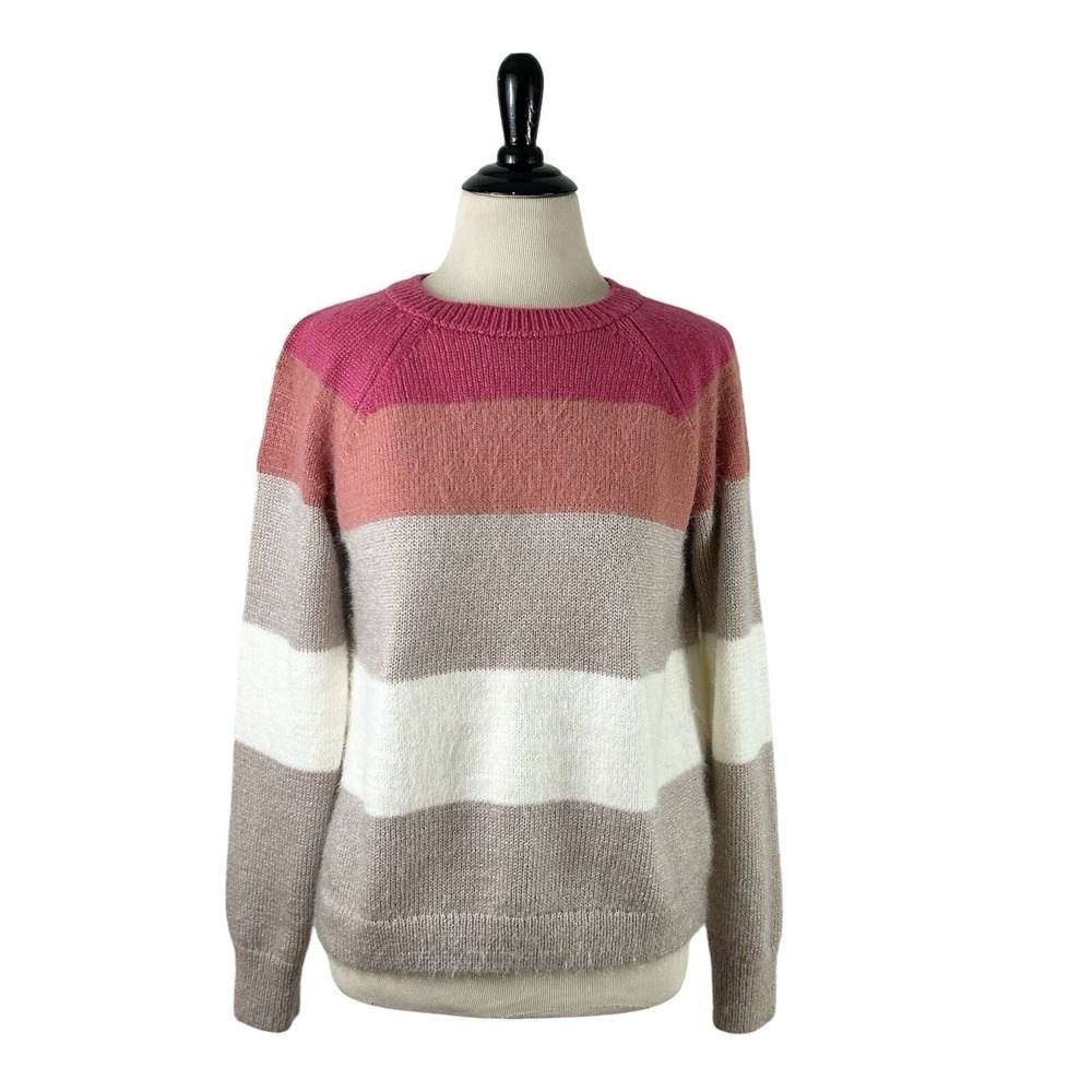 LOFT Striped Fuzzy Cropped SWEATER S Petite Pink Orange Cream Metallic Preppy